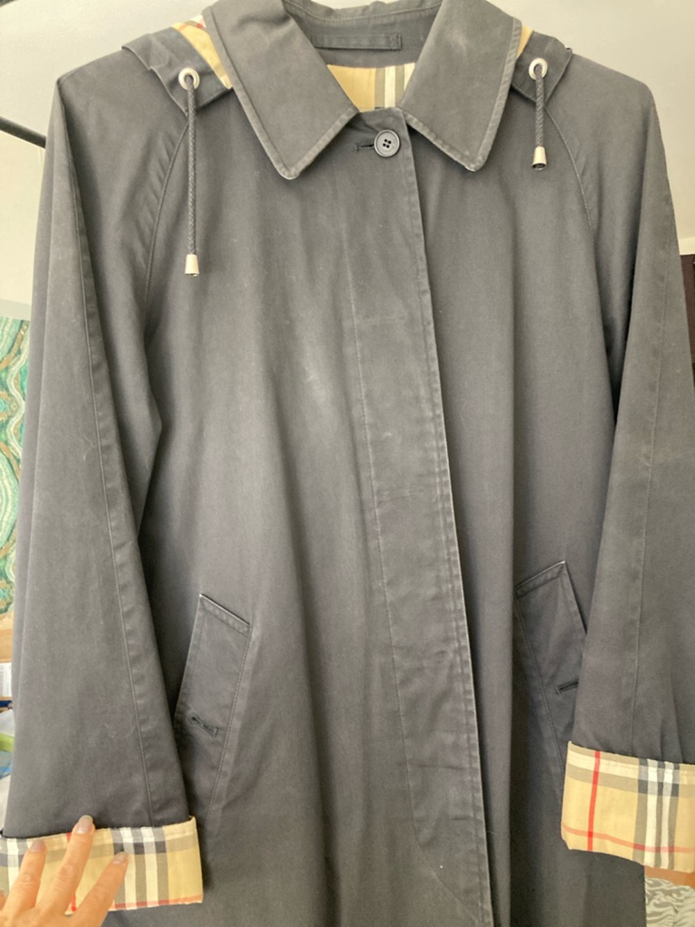 Dark Navy Burberry Trench Coat with Plaid Trim